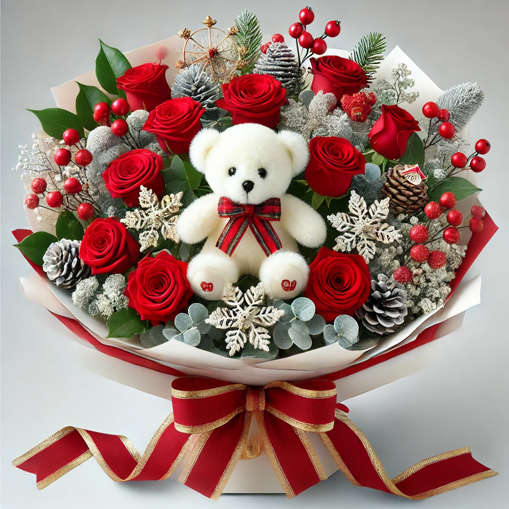 Festive Red Rose & Teddy Bear Christmas Bouquet