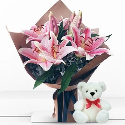 Elegant Pink Lilies &amp; Teddy Bear Gift Set