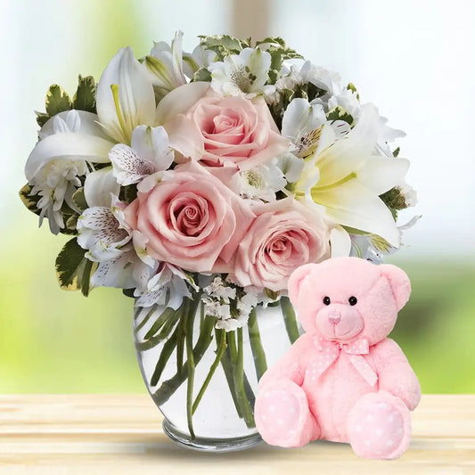 Elegant Serenity Bouquet with Teddy