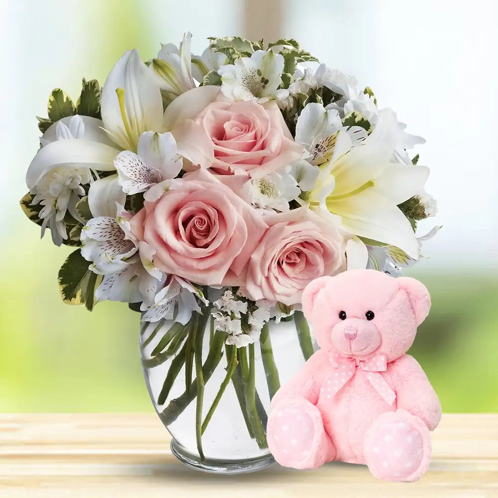 Elegant Serenity Bouquet with Teddy