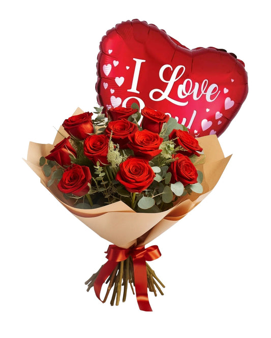 Red Roses with "I Love You" Balloon (FGB395) - City Flowers & Gift Baskets