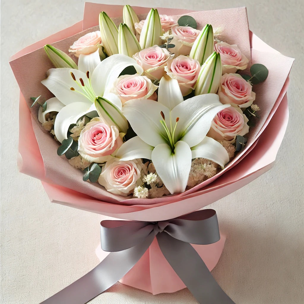 Elegant Pink Rose and White Lily Bouquet – City Flowers & Gift Baskets