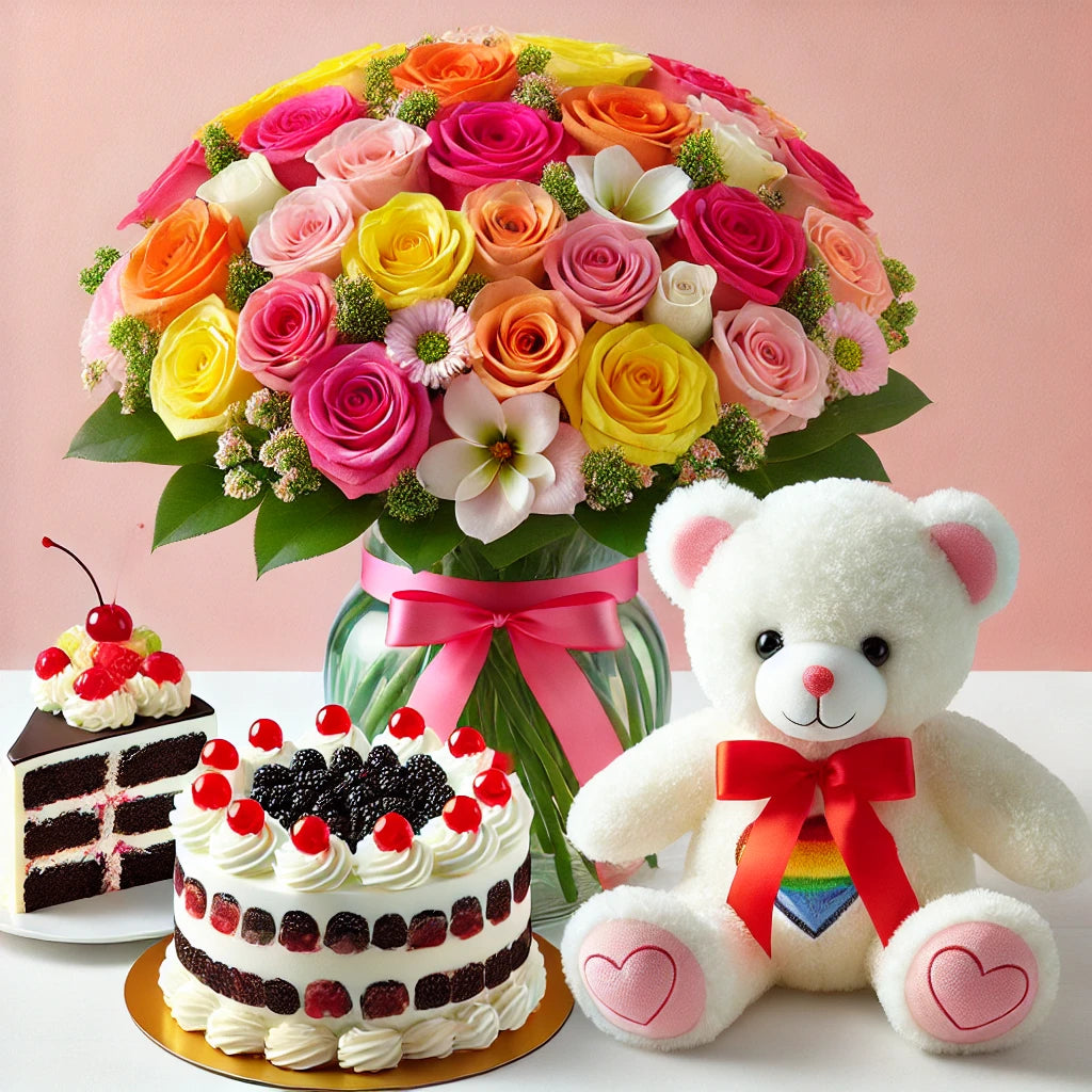 Joyful Celebration Gift Set: Roses, Teddy Bear, and Cake