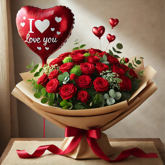 Romantic Rose Bouquet with Heart Balloon