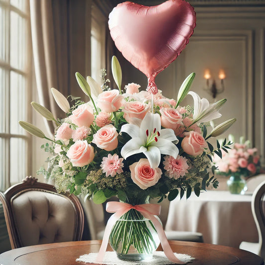 Love in Bloom: Pink Roses and White Lilies with Heart Balloon