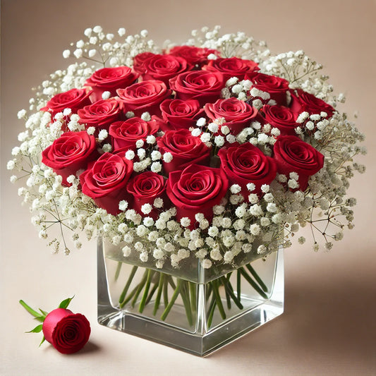 Modern Romance: 24 Red Roses with Baby's Breath