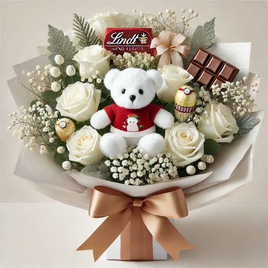 Classic White Teddy & Rose Holiday Bouquet