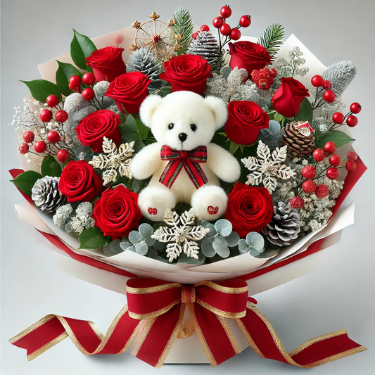 Festive Red Rose & Teddy Bear Christmas Bouquet