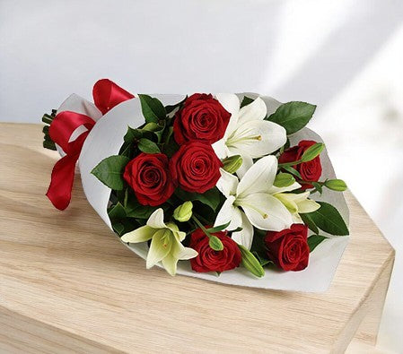 Timeless Elegance: Red Roses and White Lilies Bouquet